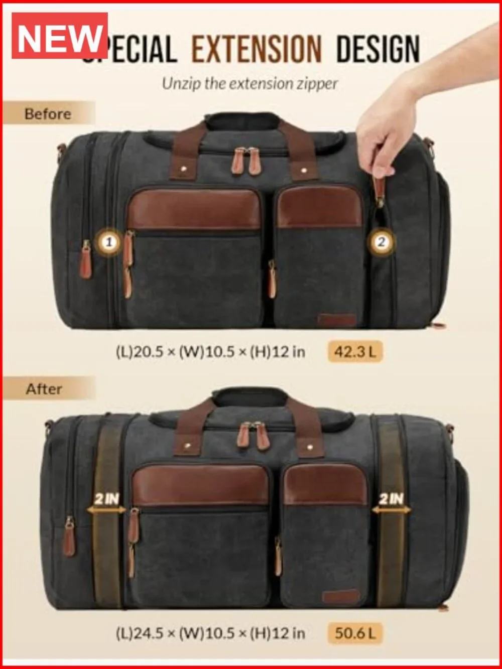 Canvas Duffle Bag 50L Expandable Travel Duffel with Shoes Compartment